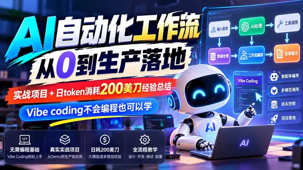 【无水印】AI自动化工作流从0到生产落地，实战项目+日token消耗200美刀经验总结，Vibe coding不会编程也可以学-小玖网_综合网创资源_优质付费资源_知识付费网课平台_创业项目