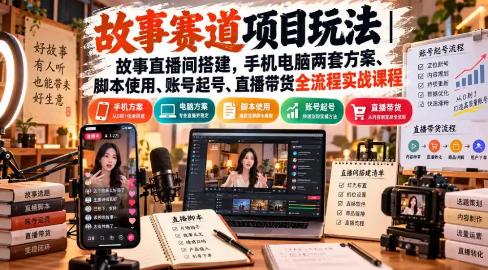 故事赛道项目玩法｜故事直播间搭建，手机电脑两套方案、脚本使用、账号起号、直播带货全流程实战课程-小玖网_综合网创资源_优质付费资源_知识付费网课平台_创业项目