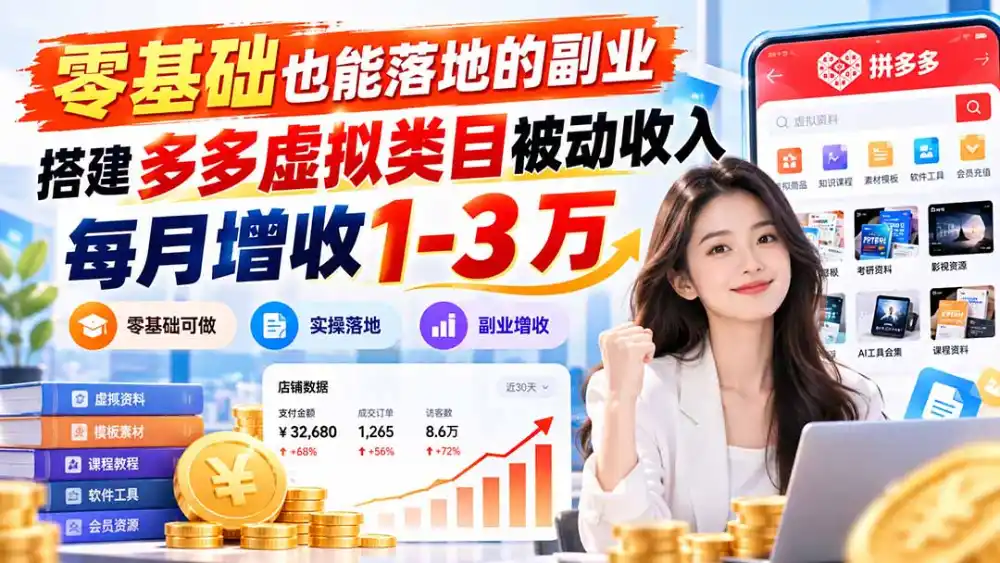 零基础也能落地的副业，搭建多多虚拟类目被动收入，每月增收 1-3 万-小玖网_综合网创资源_优质付费资源_知识付费网课平台_创业项目