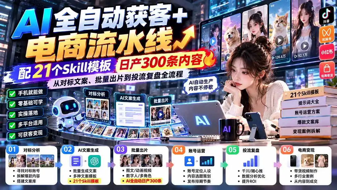 【无水印】AI全自动获客+电商流水线：配21个Skill模板，日产300条内容，从对标文案、批量出片到投流复盘全流程-小玖网_综合网创资源_优质付费资源_知识付费网课平台_创业项目