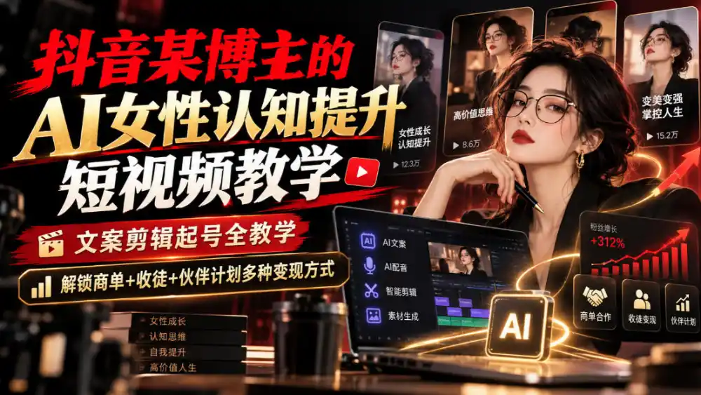 抖音某博主的Ai女性认知提升短视频教学，文案剪辑起号全教学，解锁商单+收徒+伙伴计划多种变现方式-小玖网_综合网创资源_优质付费资源_知识付费网课平台_创业项目