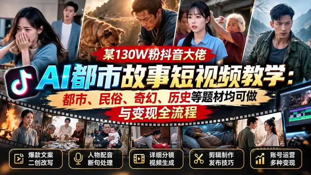 某130W粉抖音大佬AI都市故事短视频教学：都市、民俗、奇幻、历史等题材均可做与变现全流程-小玖网_综合网创资源_优质付费资源_知识付费网课平台_创业项目