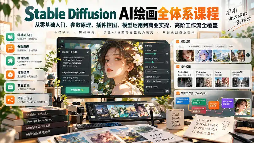 【无水印】Stable Diffusion AI绘画全体系课程，从零基础入门、参数原理、插件控图、模型运用到商业实操、高阶工作流全覆盖-小玖网_综合网创资源_优质付费资源_知识付费网课平台_创业项目