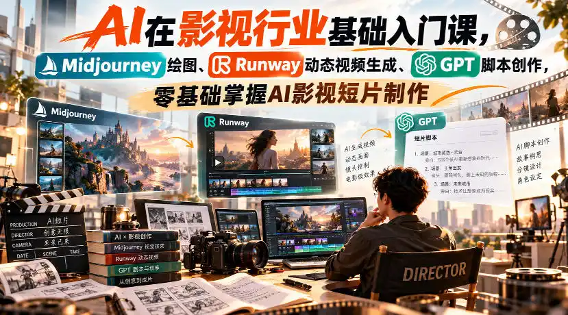 【无水印】AI在影视行业基础入门课，Midjourney绘图、Runway动态视频生成、GPT脚本创作，零基础掌握AI影视短片制作-小玖网_综合网创资源_优质付费资源_知识付费网课平台_创业项目