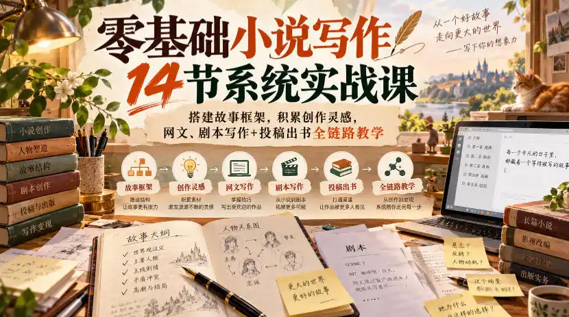 零基础小说写作14节系统实战课，搭建故事框架，积累创作灵感，网文、剧本写作+投稿出书全链路教学-小玖网_综合网创资源_优质付费资源_知识付费网课平台_创业项目