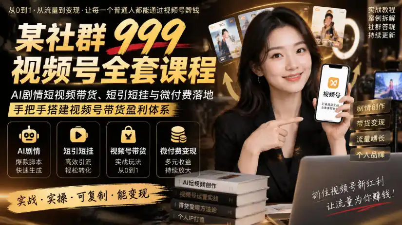 某社群999视频号全套课程，AI剧情短视频带货、短引短挂与微付费落地，手把手搭建视频号带货盈利体系-小玖网_综合网创资源_优质付费资源_知识付费网课平台_创业项目