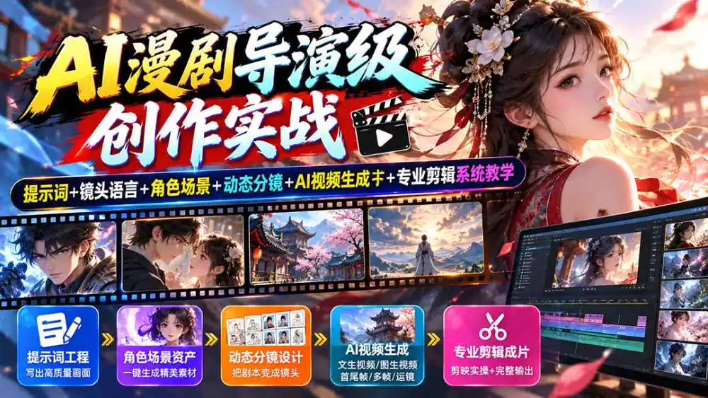 AI漫剧导演级创作实战：提示词+镜头语言+角色场景+动态分镜+AI视频生成+专业剪辑系统教学-小玖网_综合网创资源_优质付费资源_知识付费网课平台_创业项目