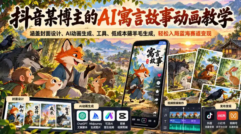 抖音某博主的AI寓言故事动画教学，涵盖封面设计、AI动画生成、工具、低成本薅羊毛生成，轻松入局蓝海赛道变现-小玖网_综合网创资源_优质付费资源_知识付费网课平台_创业项目