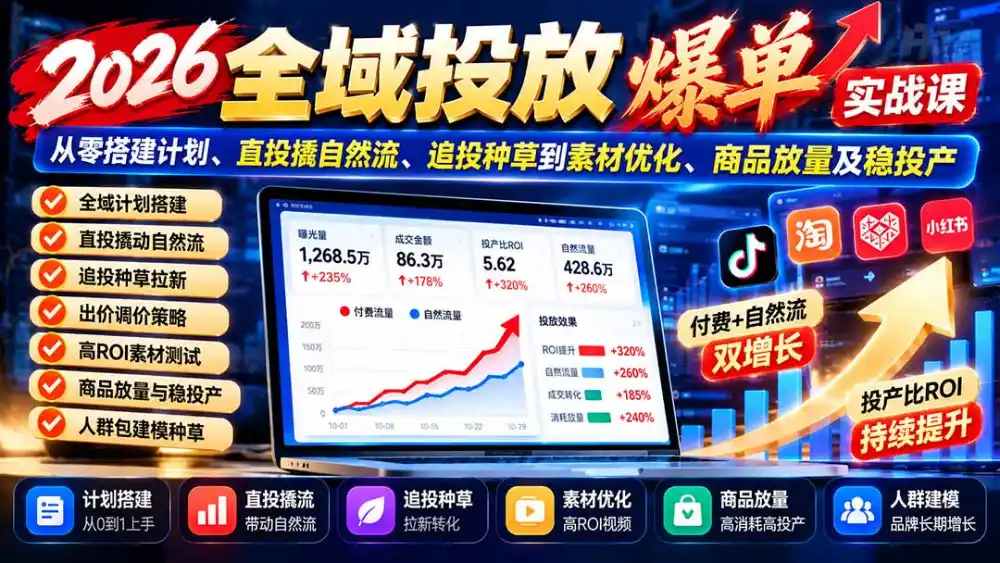 2026全域投放爆单实战课：从零搭建计划、直投撬自然流、追投种草到素材优化、商品放量及稳投产-小玖网_综合网创资源_优质付费资源_知识付费网课平台_创业项目