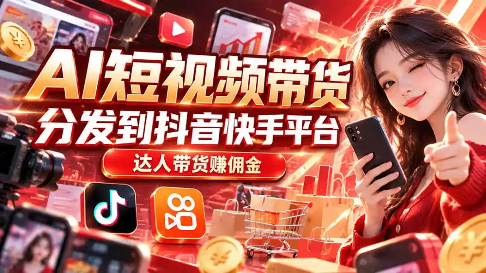 【AI短视频带货】分发到抖音快手平台，达人带货赚佣金-小玖网_综合网创资源_优质付费资源_知识付费网课平台_创业项目