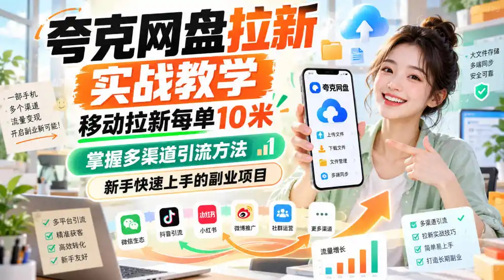 夸克网盘拉新实战教学，移动拉新每单10米，掌握多渠道引流方法，新手快速上手的副业项目(更新0929)-小玖网_综合网创资源_优质付费资源_知识付费网课平台_创业项目