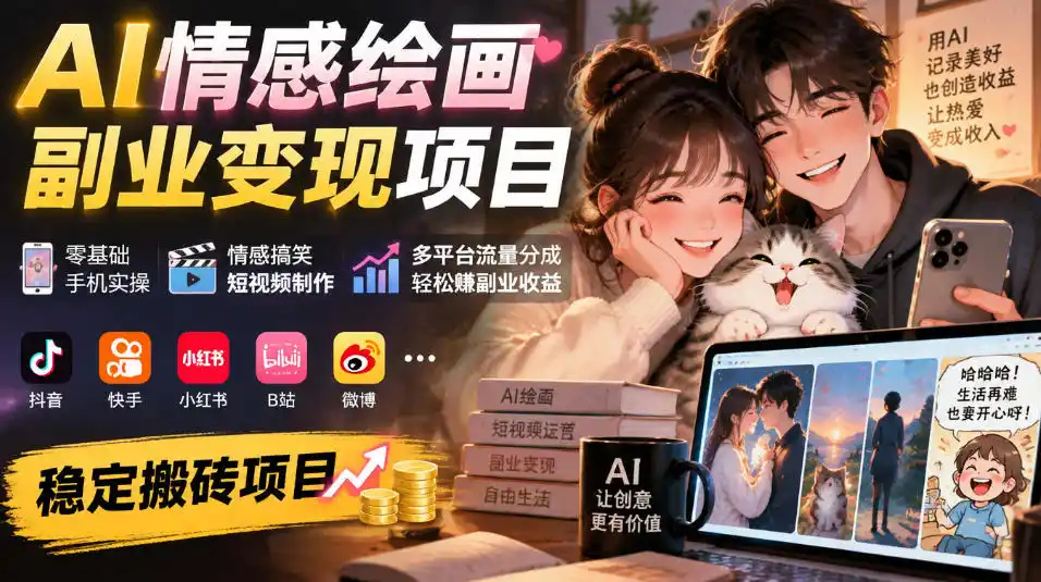 AI情感绘画副业变现项目｜零基础手机实操，情感搞笑短视频制作，多平台流量分成轻松賺副业收益-小玖网_综合网创资源_优质付费资源_知识付费网课平台_创业项目
