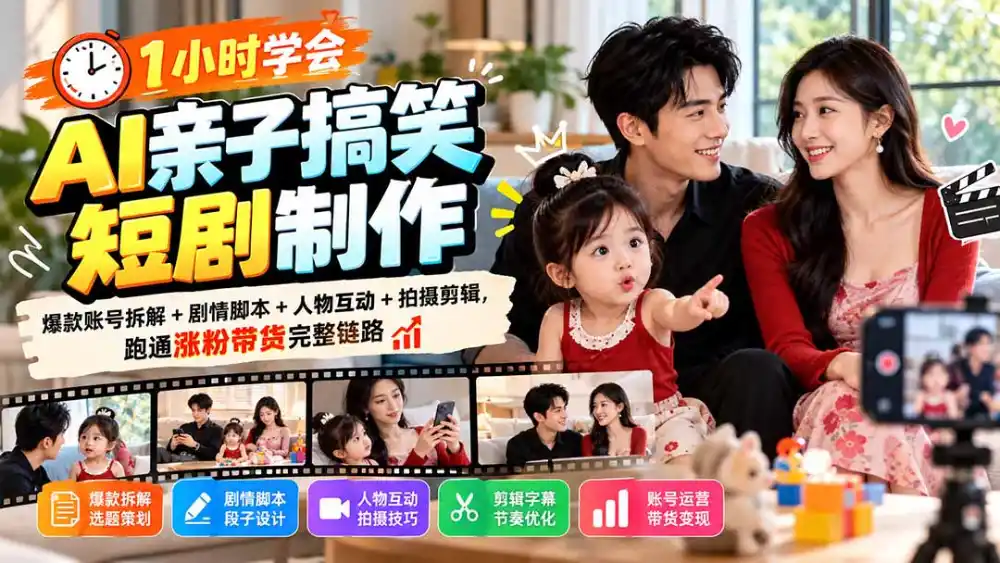 1小时学会AI亲子搞笑短剧制作：爆款账号拆解+剧情脚本+人物互动+拍摄剪辑，跑通涨粉带货完整链路-小玖网_综合网创资源_优质付费资源_知识付费网课平台_创业项目