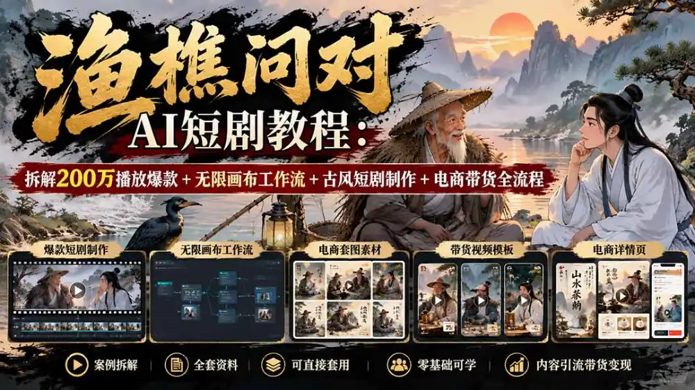 【无水印】渔樵问对AI短剧教程：拆解200万播放爆款+无限画布工作流+古风短剧制作+电商带货全流程-小玖网_综合网创资源_优质付费资源_知识付费网课平台_创业项目