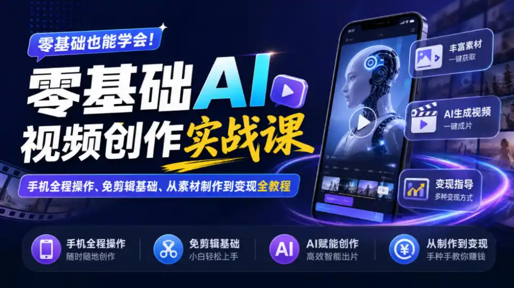 零基础AI视频创作实战课｜手机全程操作、免剪辑基础、从素材制作到变现全教程-小玖网_综合网创资源_优质付费资源_知识付费网课平台_创业项目