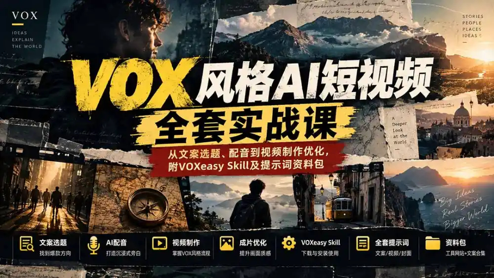 【无水印】VOX风格AI短视频全套实战课:从文案选题、配音到视频制作优化,附VOXeasy Skill及提示词资料包-小玖网_综合网创资源_优质付费资源_知识付费网课平台_创业项目