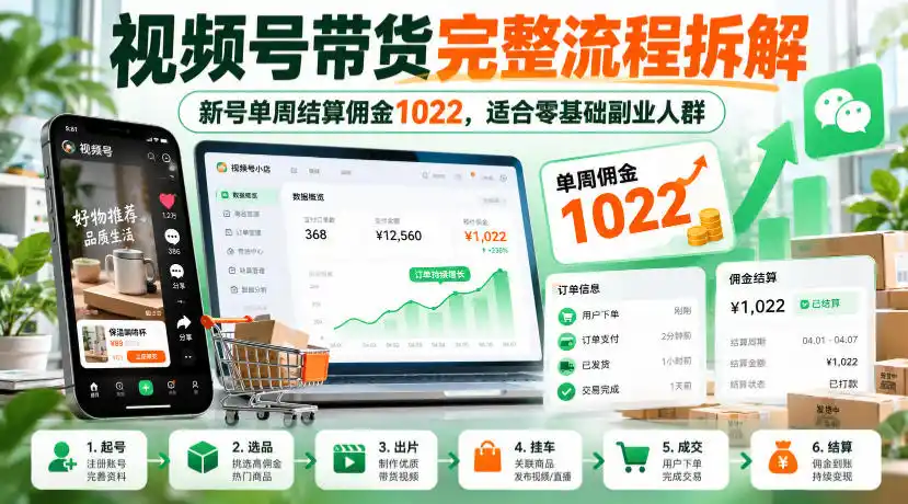 视频号带货完整流程拆解，新号单周结算佣金1022，适合零基础副业人群-小玖网_综合网创资源_优质付费资源_知识付费网课平台_创业项目
