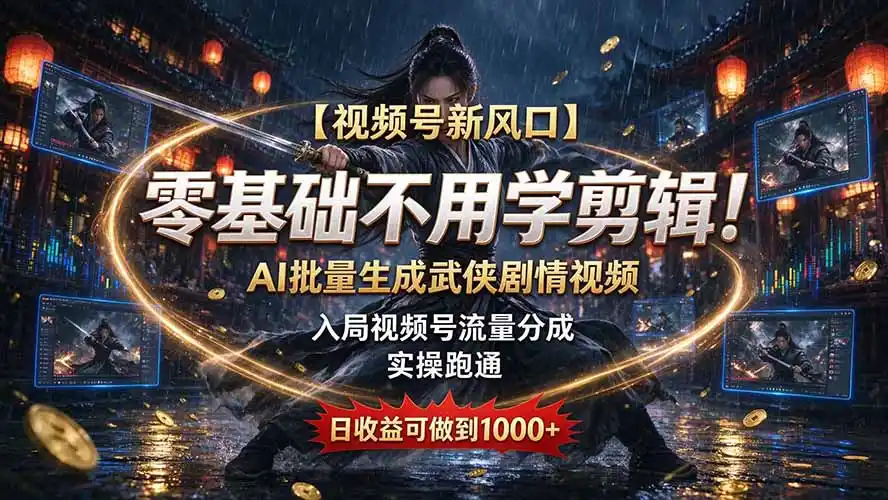 【视频号新风口】零基础不用学剪辑！AI 批量生成武侠剧情视频，入局视频号流量分成，实操跑通，日收益可做到 1000+-小玖网_综合网创资源_优质付费资源_知识付费网课平台_创业项目