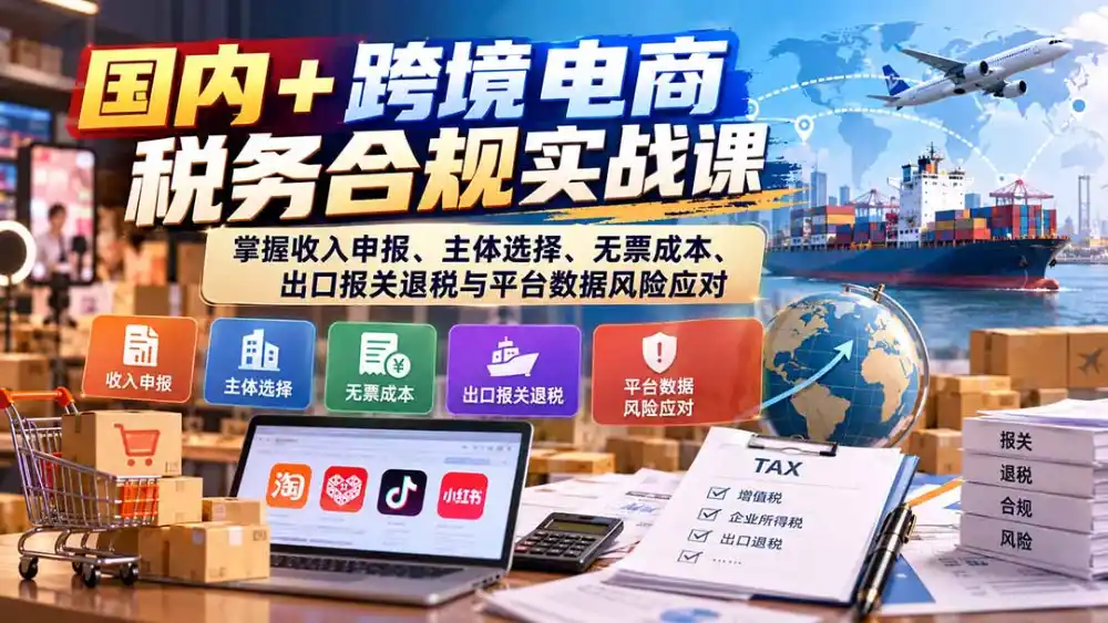 国内+跨境电商税务合规实战课：掌握收入申报、主体选择、无票成本、出口报关退税与平台数据风险应对-小玖网_综合网创资源_优质付费资源_知识付费网课平台_创业项目
