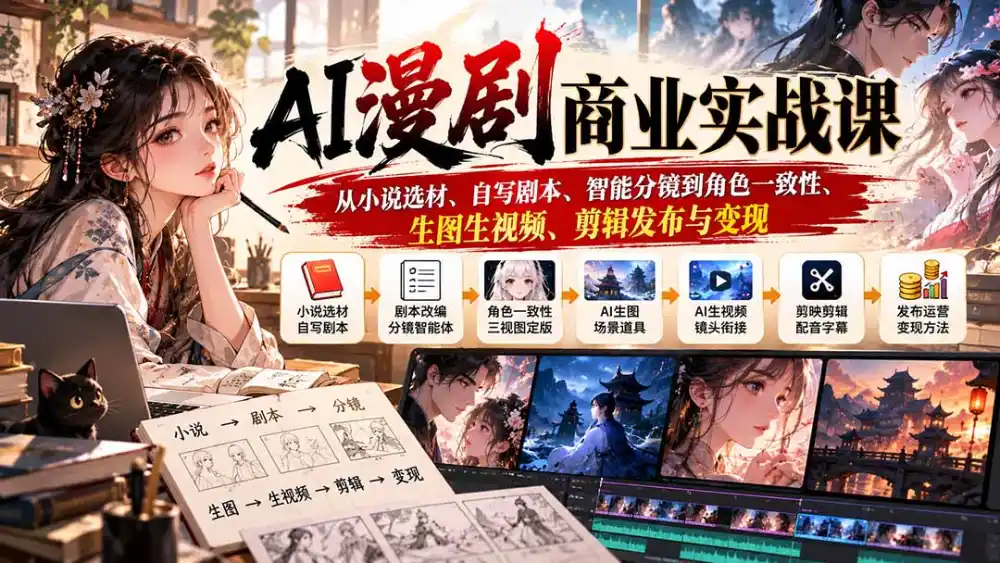 AI漫剧商业实战课：从小说选材、自写剧本、智能分镜到角色一致性、生图生视频、剪辑发布与变现-小玖网_综合网创资源_优质付费资源_知识付费网课平台_创业项目
