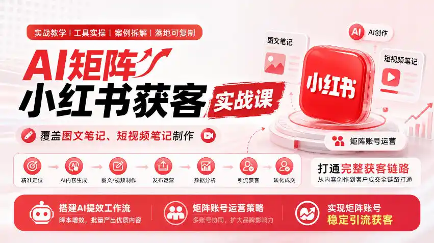 AI矩阵小红书获客实战课，覆盖图文笔记、短视频笔记制作，打通完整获客链路，搭建AI提效工作流，实现矩阵账号稳定引流获客-小玖网_综合网创资源_优质付费资源_知识付费网课平台_创业项目