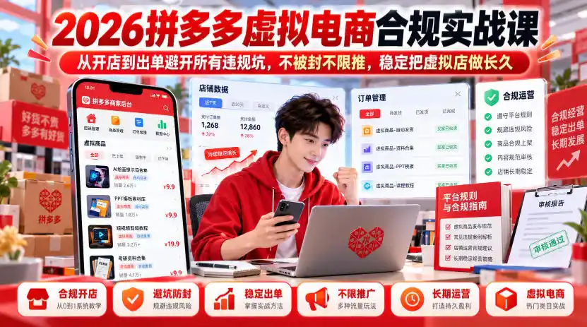 2026拼多多虚拟电商合规实战课，从开店到出单避开所有违规坑，不被封不限推，稳定把虚拟店做长久-小玖网_综合网创资源_优质付费资源_知识付费网课平台_创业项目
