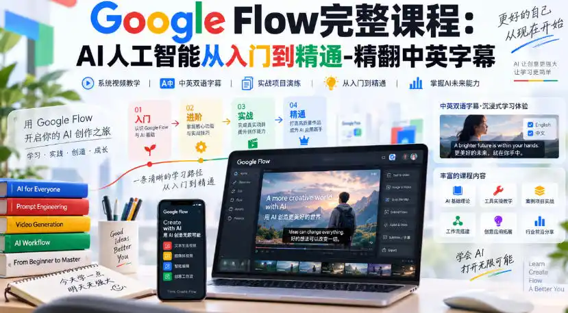 【无水印】Google Flow完整课程：AI人工智能从入门到精通-精翻中英字幕-小玖网_综合网创资源_优质付费资源_知识付费网课平台_创业项目