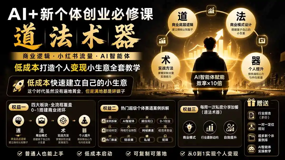 AI+新个体创业必修课-更新0922｜道法术器｜商业逻辑·小红书流量·AI智能体｜低成本打造个人变现小生意全套教学-小玖网_综合网创资源_优质付费资源_知识付费网课平台_创业项目