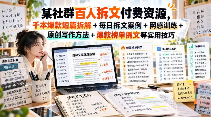 (无水印)某社群百人拆文付费资源,千本爆款短篇拆解+每日拆文案例+网感训练+原创写作方法+爆款榜单例文等实用技巧(更新1009)