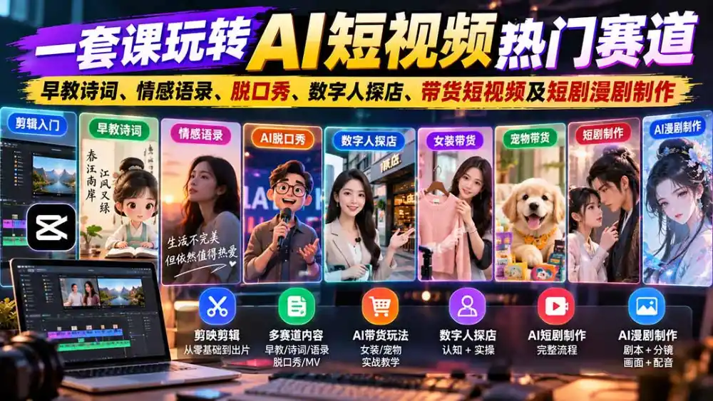 一套课玩转AI短视频热门赛道：早教诗词、情感语录、脱口秀、数字人探店、带货短视频及短剧漫剧制作 复制标题-小玖网_综合网创资源_优质付费资源_知识付费网课平台_创业项目