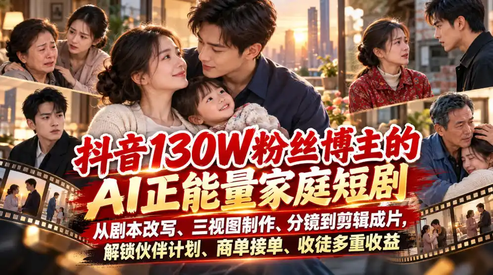 抖音130W粉丝博主的AI正能量家庭短剧，从剧本改写、三视图制作、分镜到剪辑成片，解锁伙伴计划、商单接单、收徒多重收益(更新1007)-小玖网_综合网创资源_优质付费资源_知识付费网课平台_创业项目