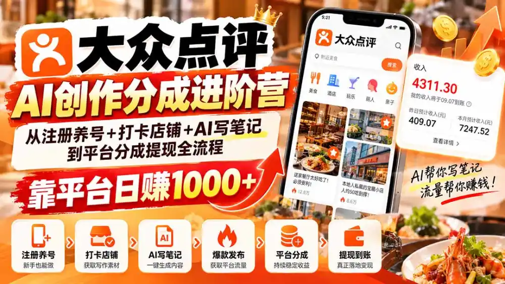 大众点评AI创作分成进阶营：从注册养号+打卡店铺+AI写笔记到平台分成提现全流程，靠平台日赚1000+-小玖网_综合网创资源_优质付费资源_知识付费网课平台_创业项目