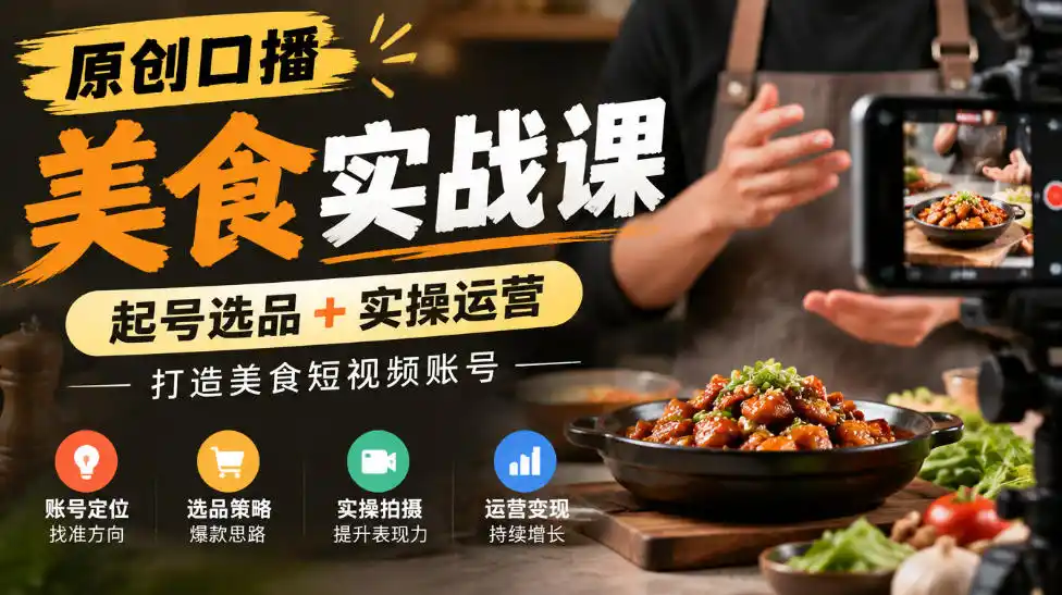 原创口播美食实战课，起号选品+实操运营，打造美食短视频账号-小玖网_综合网创资源_优质付费资源_知识付费网课平台_创业项目
