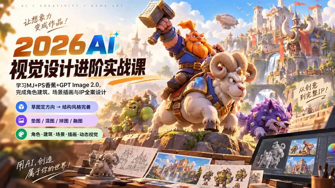 2026AI视觉设计进阶实战课-更新1007：学习MJ+PS香蕉+GPT Image 2.0，完成角色建筑、场景插画与IP全案设计-小玖网_综合网创资源_优质付费资源_知识付费网课平台_创业项目