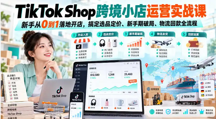 TikTok Shop跨境小店运营实战课，新手从0到1落地开店，搞定选品定价、新手期破局、物流回款全流程-小玖网_综合网创资源_优质付费资源_知识付费网课平台_创业项目