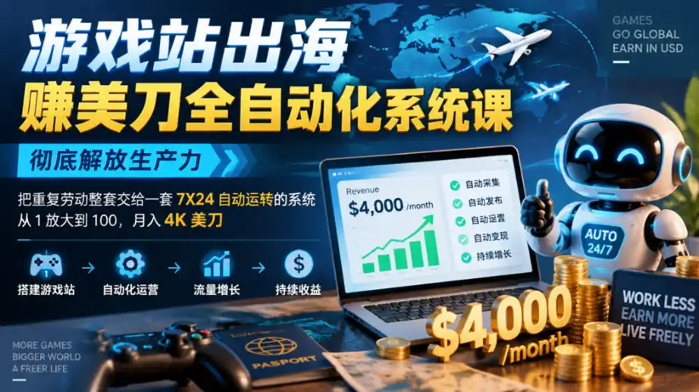 游戏站出海賺美刀全自动化系统课，彻底解放生产力–把重复劳动整套交给一套7X24自动运转的系统，从1放大到100，月入4K美刀-小玖网_综合网创资源_优质付费资源_知识付费网课平台_创业项目