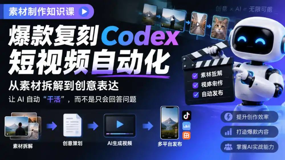 素材制作知识课，爆款复刻Codex短视频自动化，从素材拆解到创意表达，让AI自动“干活”，而不是只会回答问题-小玖网_综合网创资源_优质付费资源_知识付费网课平台_创业项目