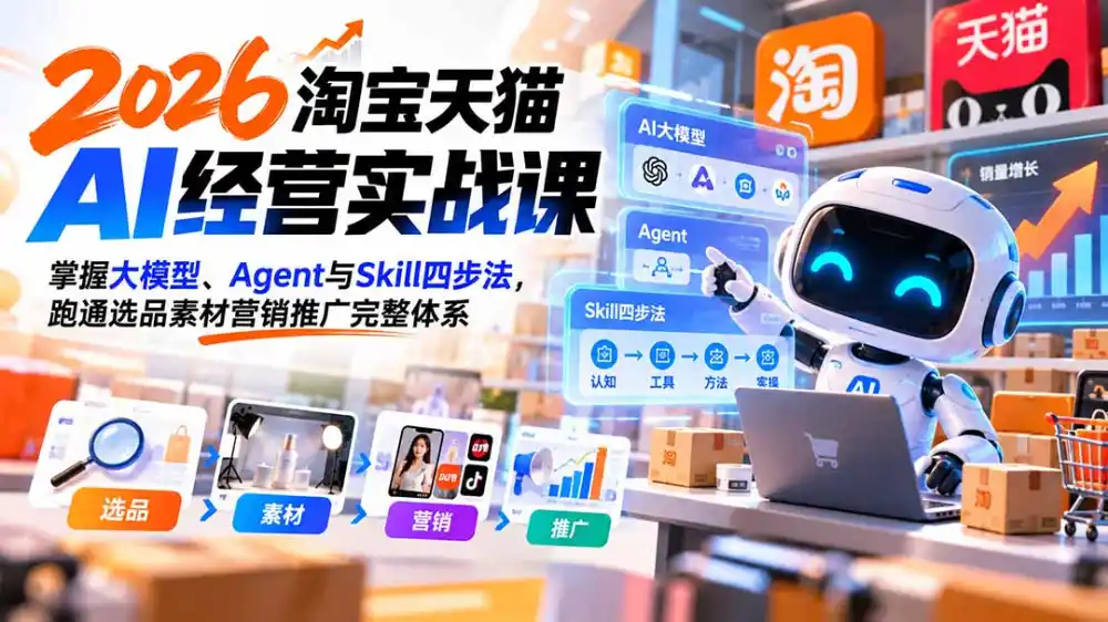 【无水印】2026淘宝天猫AI经营实战课：掌握大模型、Agent与Skill四步法，跑通选品素材营销推广完整体系-小玖网_综合网创资源_优质付费资源_知识付费网课平台_创业项目