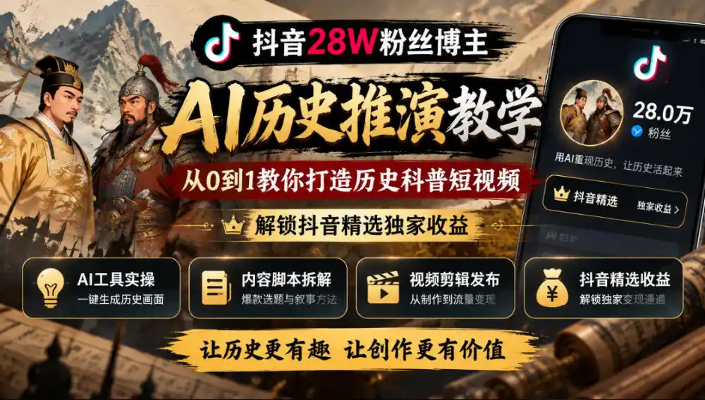 抖音28W粉丝博主的AI历史推演教学，从0到1教你打造历史科普短视频，解锁抖音精选独家收益-小玖网_综合网创资源_优质付费资源_知识付费网课平台_创业项目