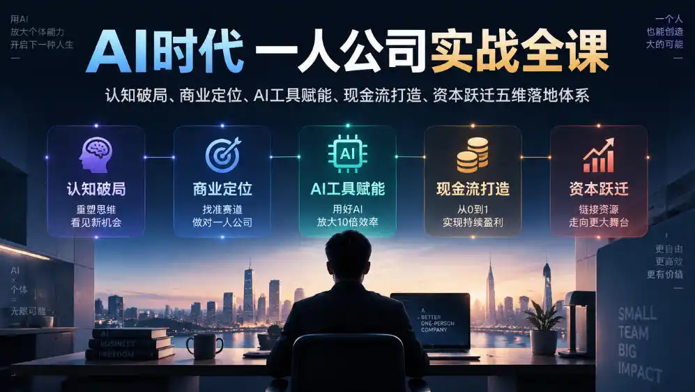 AI时代一人公司实战全课｜认知破局、商业定位、AI工具赋能、现金流打造、资本跃迁五维落地体系-小玖网_综合网创资源_优质付费资源_知识付费网课平台_创业项目