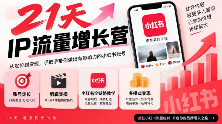 21天IP流量增长营，小红书全链路教学，账号定位剪辑实操，多模式变现系统课-小玖网_综合网创资源_优质付费资源_知识付费网课平台_创业项目