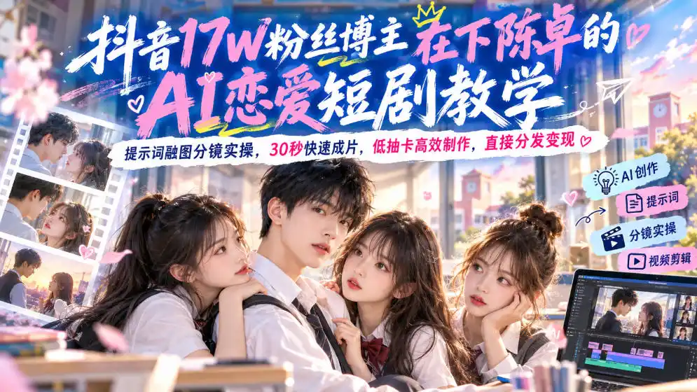 抖音17W粉丝博主在下陈卓的AI恋爱短剧教学，提示词融图分镜实操，30秒快速成片，低抽卡高效制作，直接分发变现-小玖网_综合网创资源_优质付费资源_知识付费网课平台_创业项目