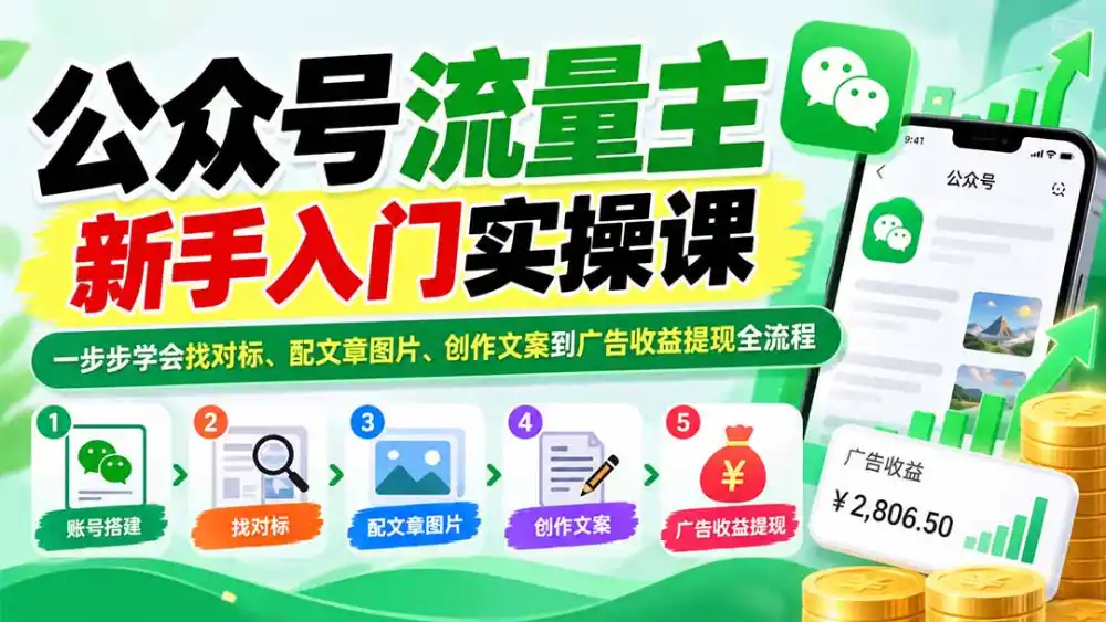 公众号流量主新手入门实操课：一步步学会找对标、配文章图片、创作文案到广告收益提现全流程-小玖网_综合网创资源_优质付费资源_知识付费网课平台_创业项目