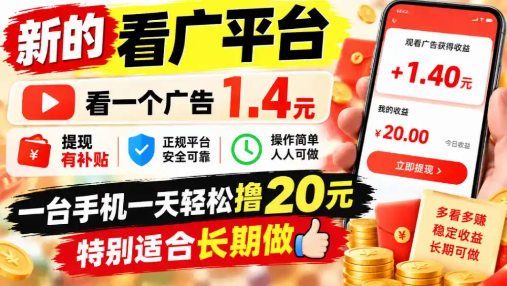 一个新的看广平台，看一个广告1.4元，提现有补贴,一台手机一天轻松撸20+，特别适合长期做【揭秘】-小玖网_综合网创资源_优质付费资源_知识付费网课平台_创业项目
