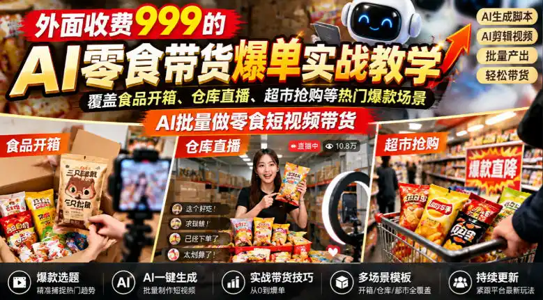 外面收费999的AI零食带货爆单实战教学，覆盖食品开箱、仓库直播、超市抢购等热门爆款场景，AI批量做零食短视频带货-小玖网_综合网创资源_优质付费资源_知识付费网课平台_创业项目