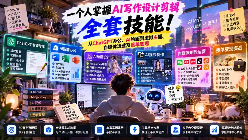 一个人掌握AI写作设计剪辑全套技能：从ChatGPT办公、AI绘画到虚拟主播、自媒体运营及接单变现-小玖网_综合网创资源_优质付费资源_知识付费网课平台_创业项目