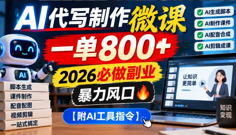 AI代写制作微课，一单800+，2026必做副业，暴力风口【附AI工具指令】【揭秘】-小玖网_综合网创资源_优质付费资源_知识付费网课平台_创业项目