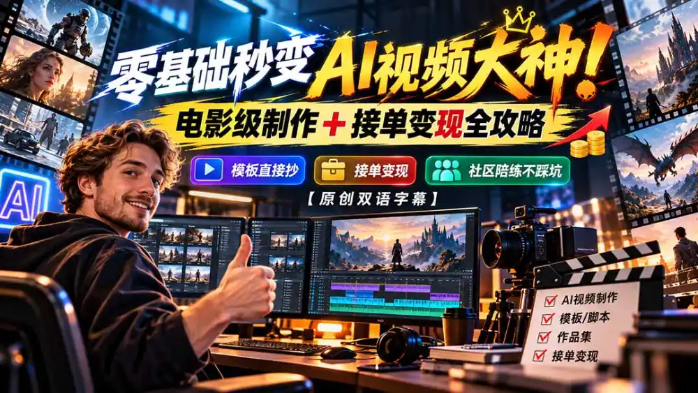 零基础秒变AI视频大神！电影级制作 + 接单变现全攻略，模板直接抄，社区陪练不踩坑【原创双语字幕】-小玖网_综合网创资源_优质付费资源_知识付费网课平台_创业项目