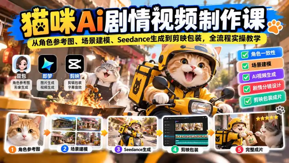 猫咪AI剧情视频制作课：从角色参考图、场景建模、Seedance生成到剪映包装，全流程实操教学-小玖网_综合网创资源_优质付费资源_知识付费网课平台_创业项目
