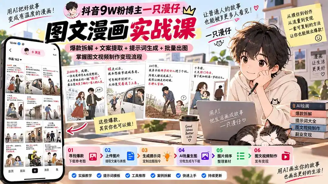 抖音9W粉博主一只漫仔图文漫画课：爆款拆解+文案提取+提示词生成+批量出图，掌握图文视频制作变现流程-小玖网_综合网创资源_优质付费资源_知识付费网课平台_创业项目